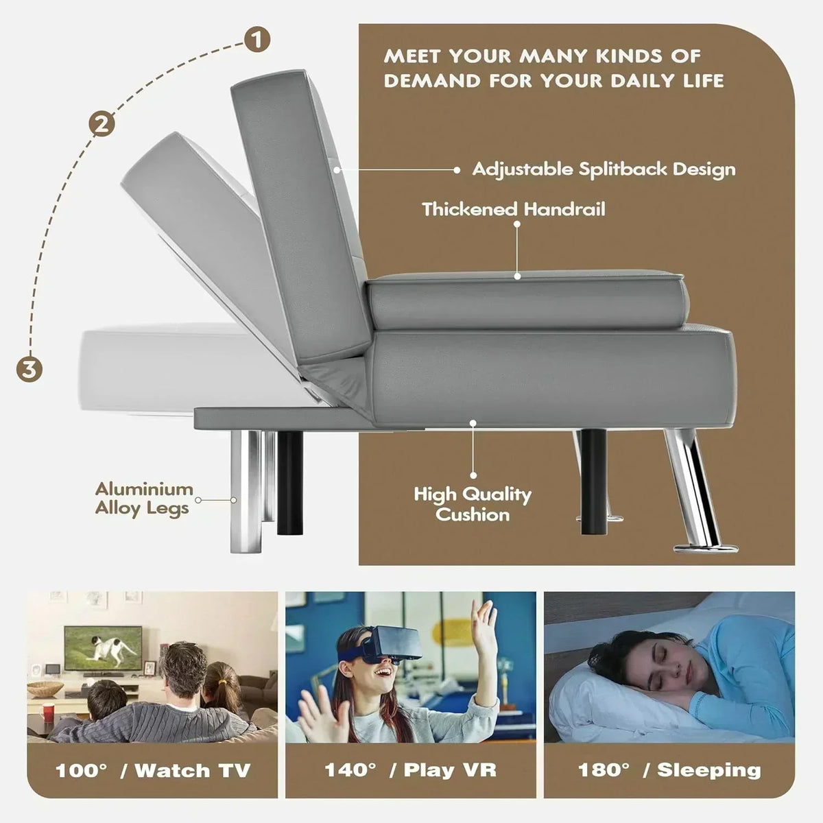 Homall Futon Sofa Bed Leather Futon Couch with Armrests Adjustable Recliner Sleeper Sofa Bed