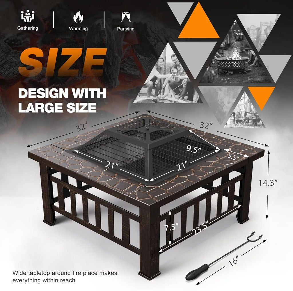 Devoko Outdoor Fire Pit, 32 Inch Firepit Table Metal Outdoor Fireplaces with Waterproof Cover for Outside Patio Camping
