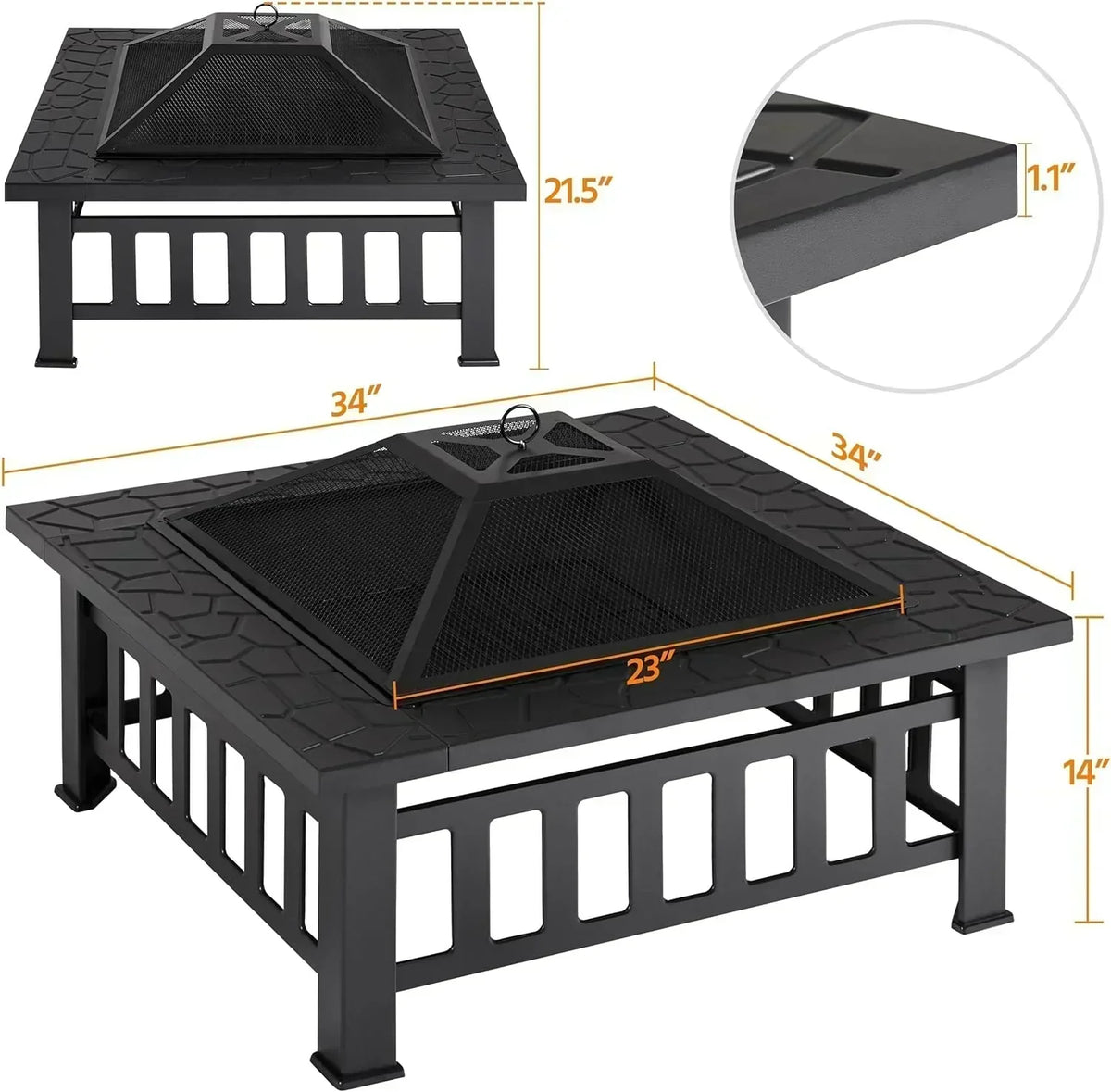 Yaheetech Multifunctional Fire Pit Table Square Metal Firepit Stove Backyard Patio Garden Fireplace