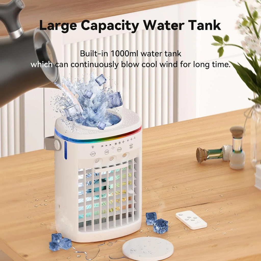 Portable Air Conditioner,Cooling Fan with 3 Speeds &3 Modes,2-8H Timer,1000ml Water Tank, Remote Control,4 in 1 Humidifier, Air Conditioner,Fan,Night Light,Evaporative Air Cooler for Home,Office