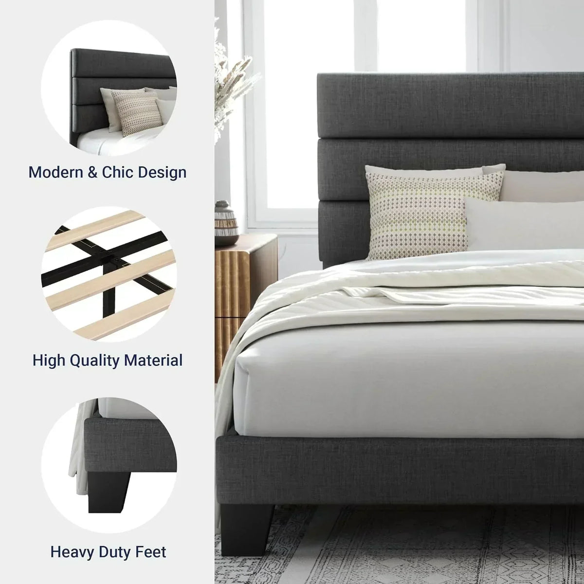 Allewie Queen Size Platform Bed Frame with Fabric Upholstered Headboard Wooden Slats Support