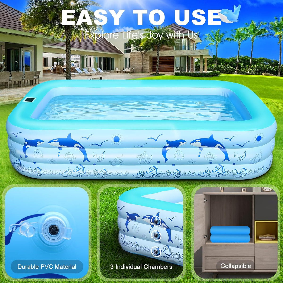 2026 Upgrade Inflatable Pools with Lights, Inflatable Swimming Pools for Adults, Blow Up Pool Solar, Large Pool, Durable Thickened Inflatable Pool for Backyard- Light Blue