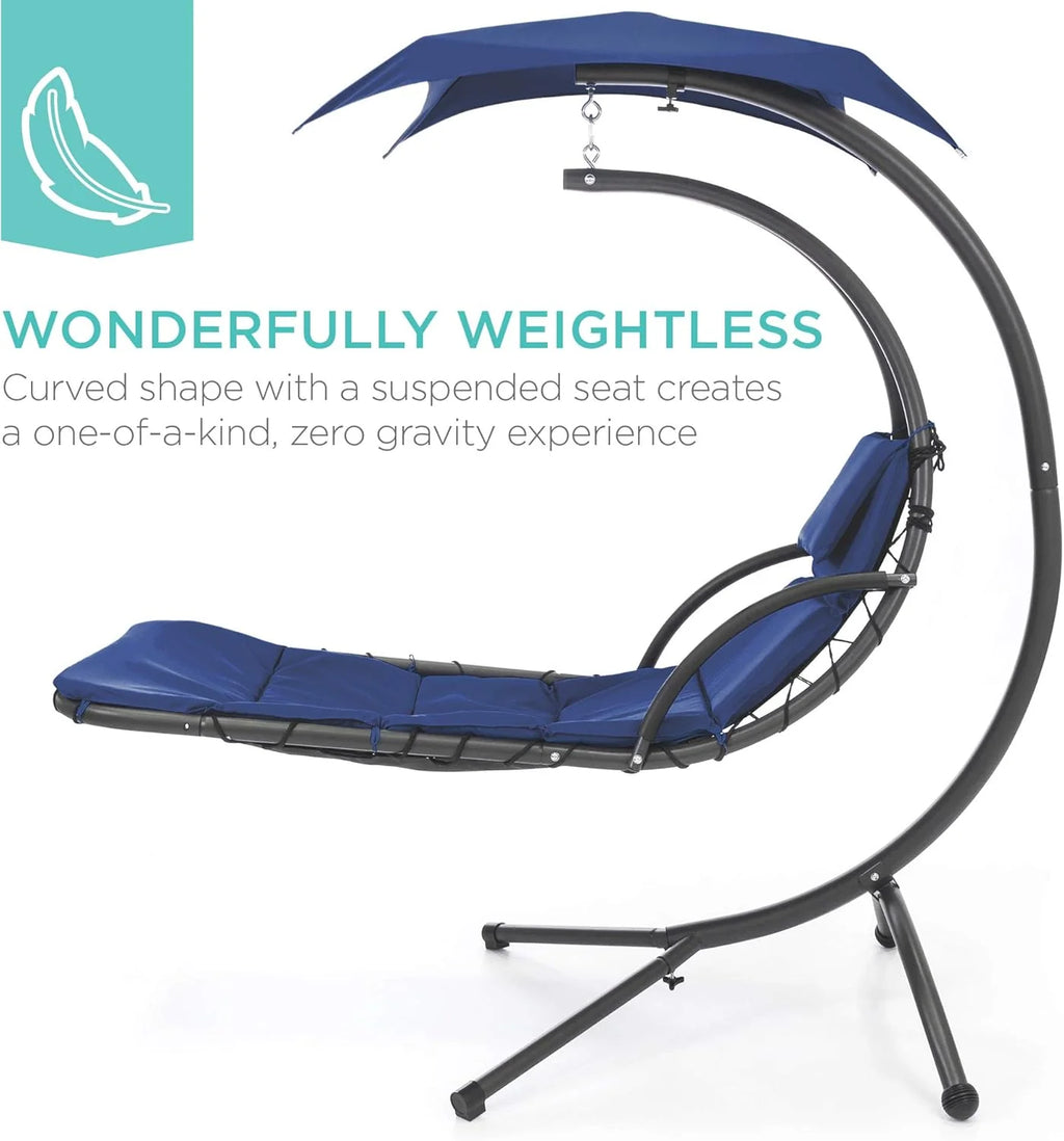 Best Choice Products Outdoor Hanging Curved Steel Chaise Lounge Chair Swing w/Built-in Pillow and Removable Canopy - Teal