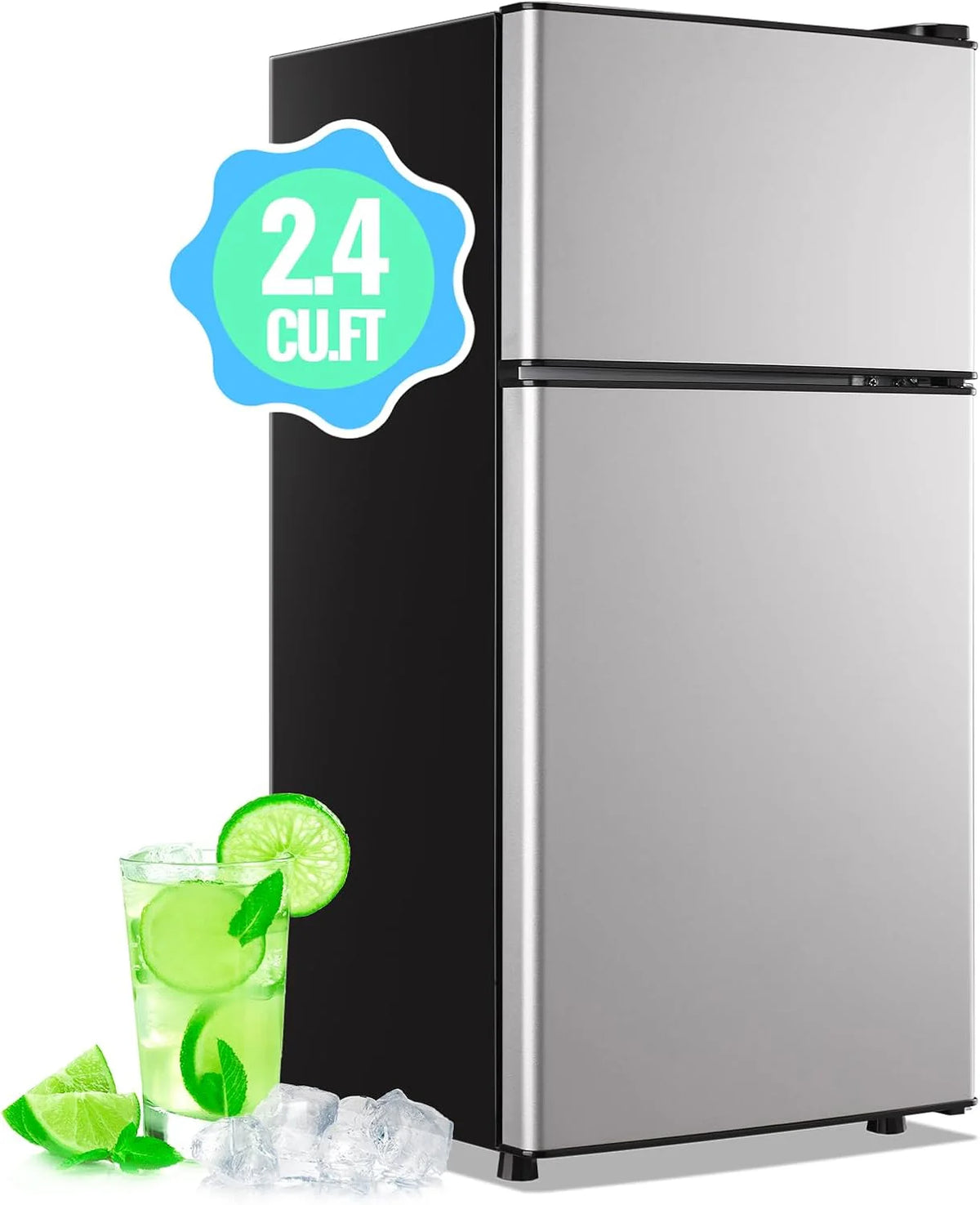2.4 Cu.Ft Mini Fridge with Freezer & Double Door Small Tiny Size Refrigerator with 7 Temperature Control Knob Only Suitable for One Person Use Black