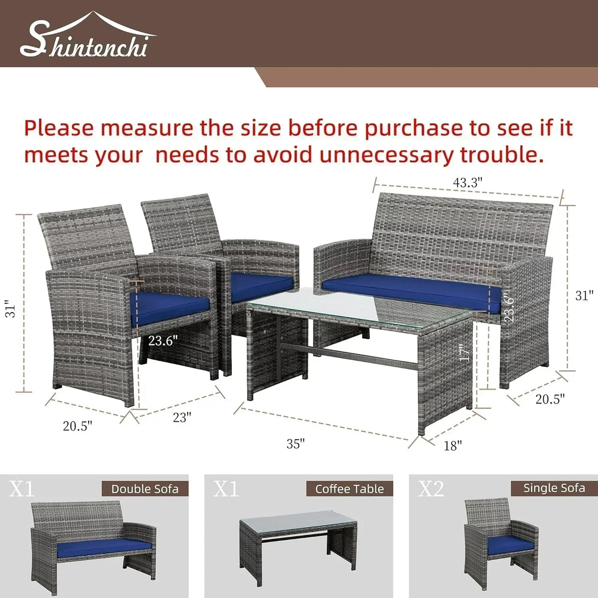 Shintenchi 4 Piece Patio Ratten Set Outdoor Furniture Set Wicker Conversation Set