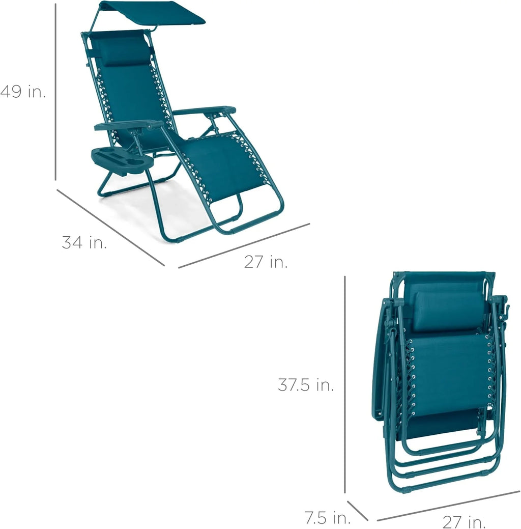 Best Choice Products Folding Zero Gravity Outdoor Recliner Patio Lounge Chair w/Adjustable Canopy Shade, Headrest, Side Accessory Tray, Textilene Mesh - Peacock Blue