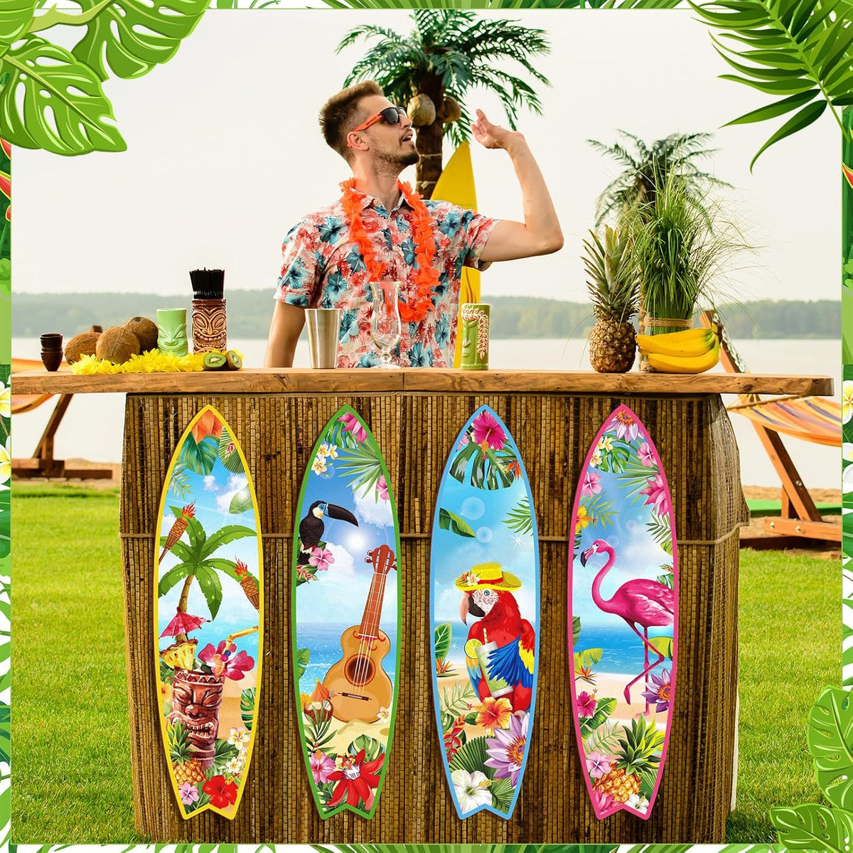 Blulu 4 Pcs Surfboard Wall Decor Surfboard Wall Hanging Sign Wooden Beach Decoration Summer Theme Decor Hawaiian Luau Party Decoration for Home Bar Aloha Tropical Birthday Party(Tiki)