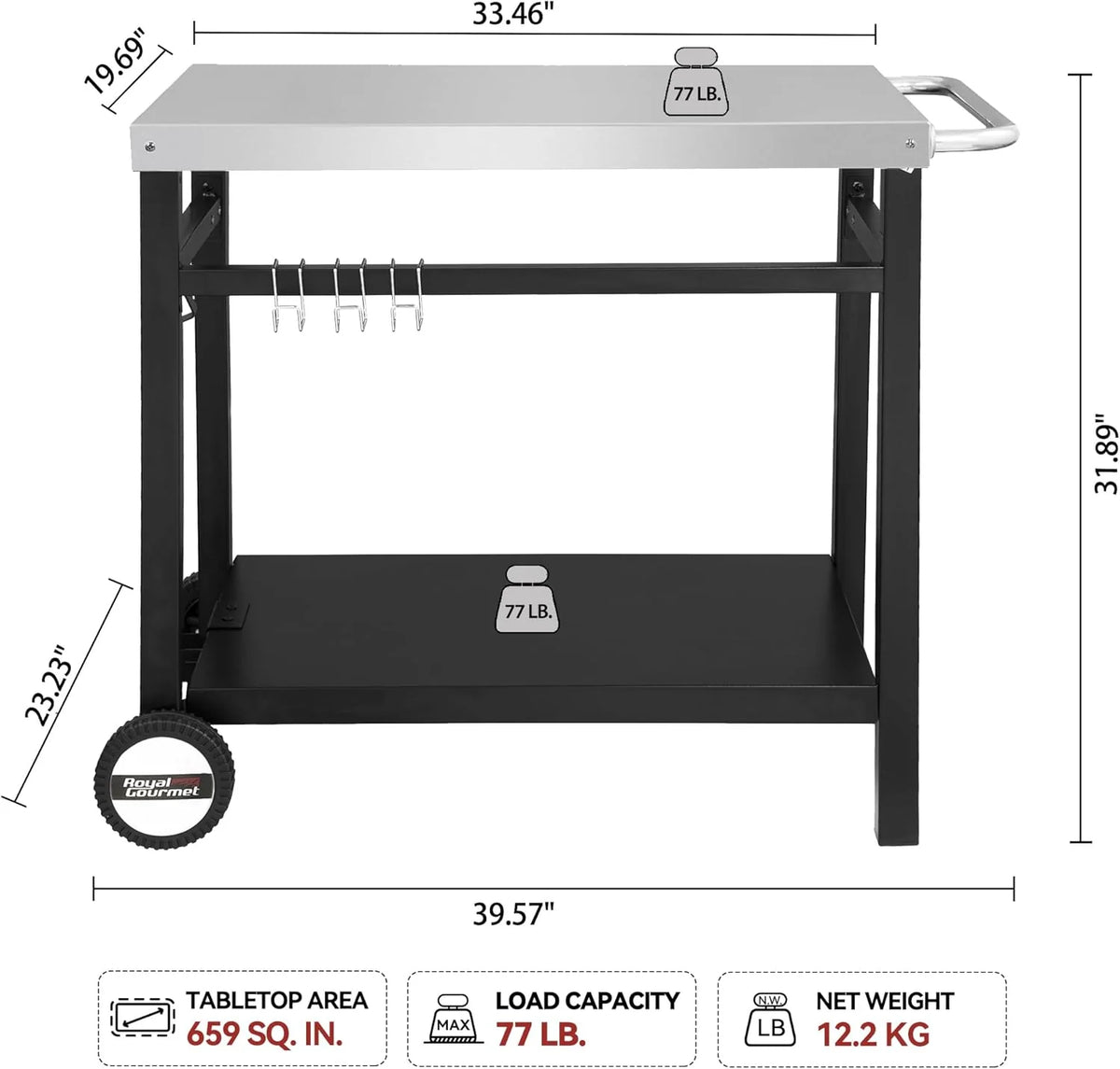 Royal Gourmet Dining Cart Table with Double-Shelf, Movable Stainless Steel Flattop Grill Cart, Hooks, Side Handle, Multifunctional PC3401B (Black)