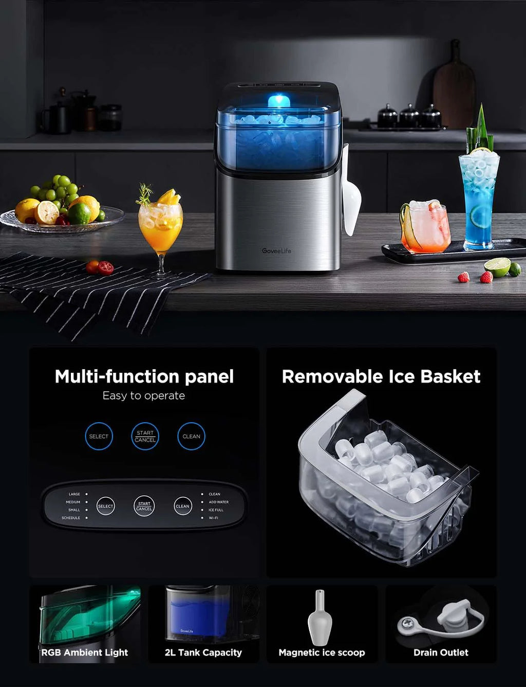 GoveeLife Smart Ice Maker Countertop, Portable Ice Machine with Voice Control, 9 Ice Cubes in 6 Minutes 3 Sizes, 26lbs/24Hrs, Self Cleaning RGB Lights, Quiet Ice Maker with Scoop for Kitchen Black