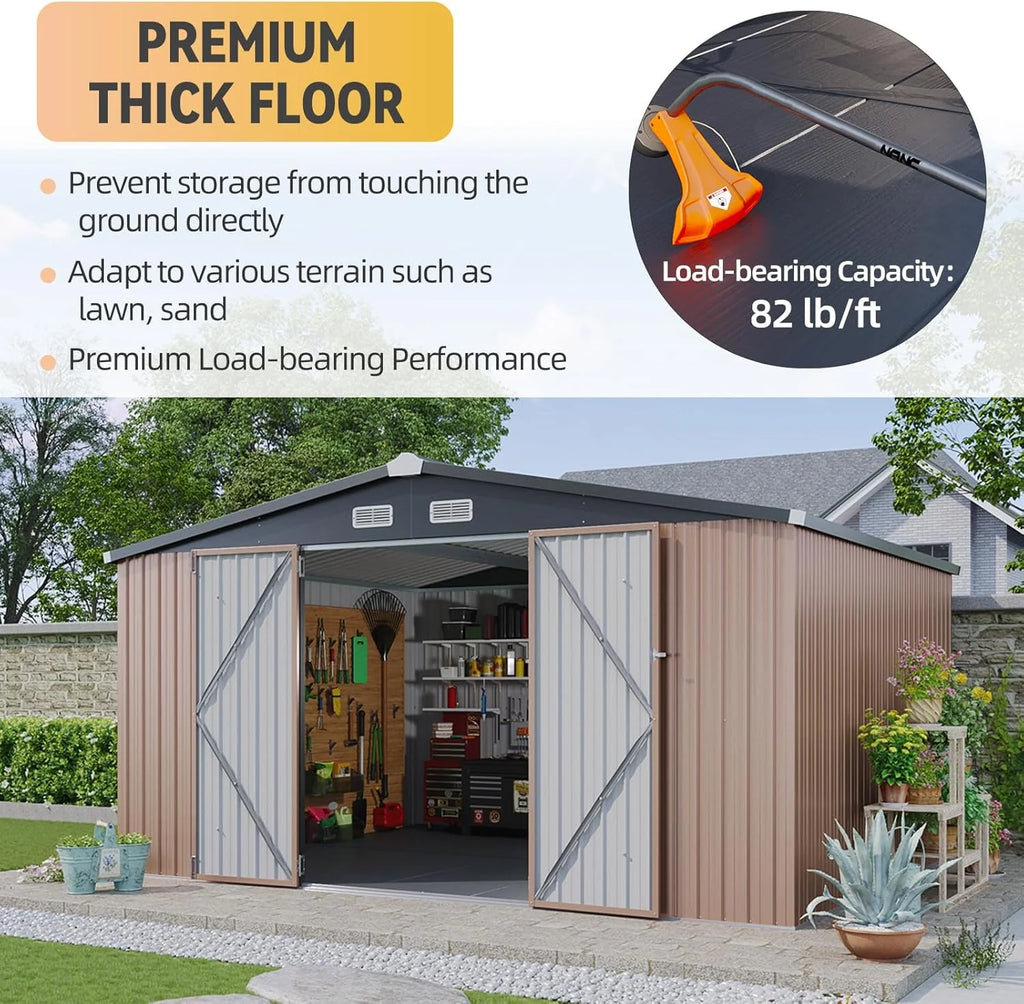 Aoxun 12x10 FT Shed Metal Outdoor Waterproof Storage Shed Steel Utility Garden Tool Shed with Door & Lock Outdoor Storage for Garden Patio Lawn Poolside, Brown