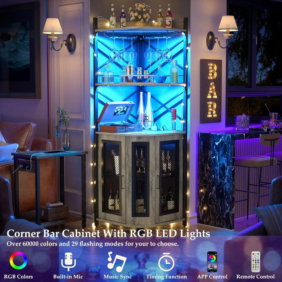 Aheaplus Corner Bar Cabinet with Power Outlet, Industrial Wine Cabinet with LED Strip and Glass Holder, 5-Tiers Liquor Cabinet Bar Unit for Home, Corner Display Cabinet for Small Space, White Oak