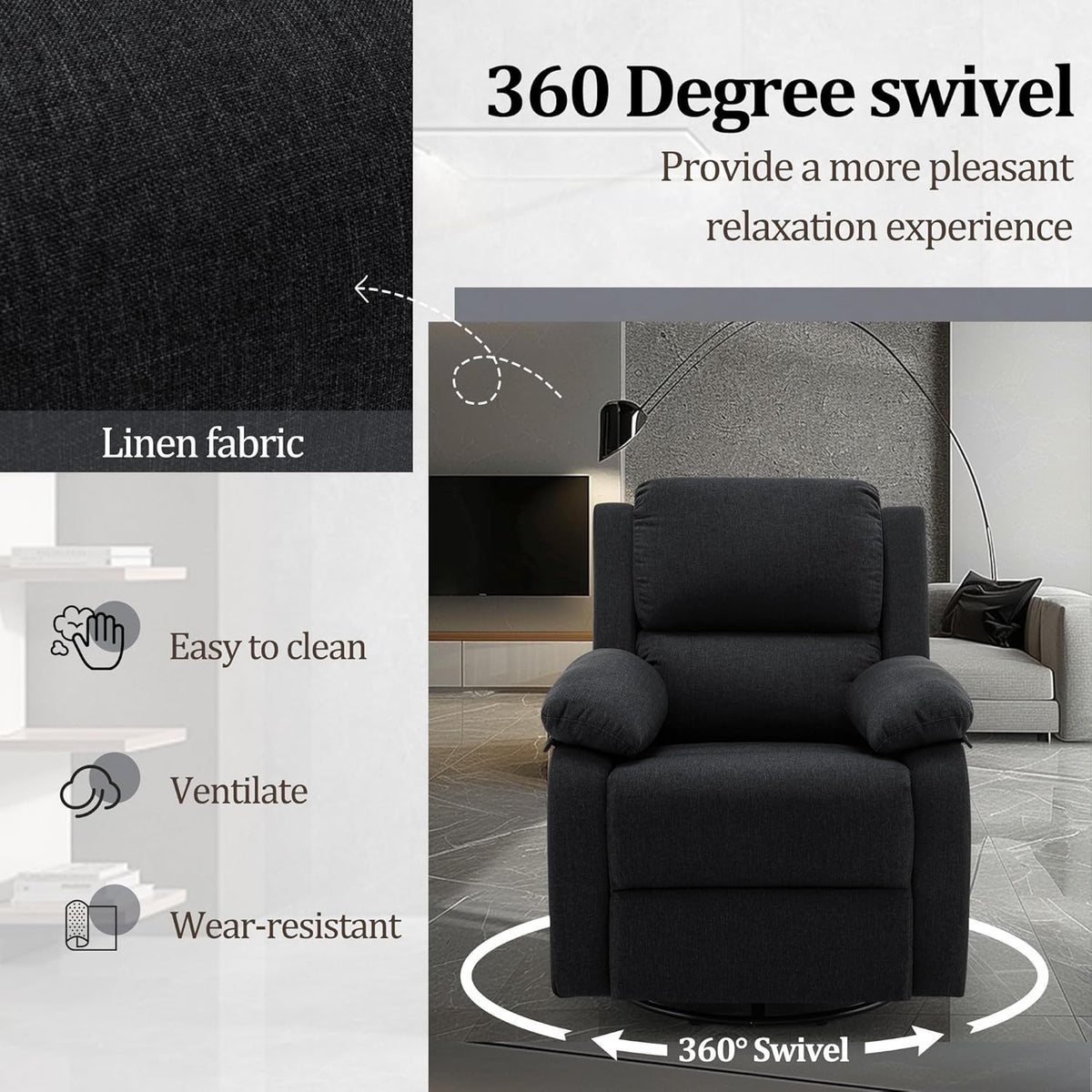 Reclining rocking chair 360 degree rotating fabric sliding reclining chair