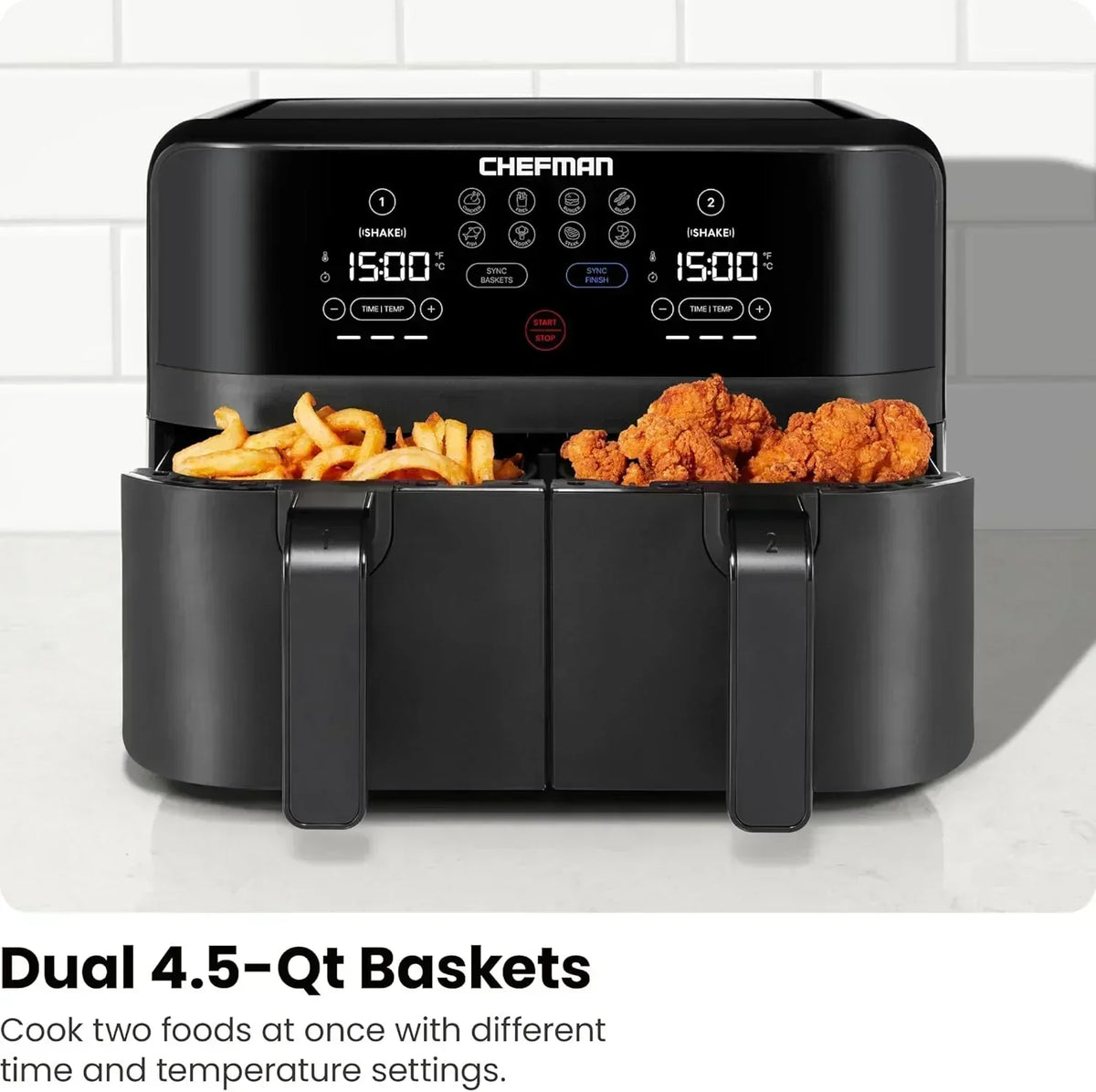 Chefman 6-Quart Dual Basket Air Fryer Digital Touchscreen Smart Sync Finish High-Frying