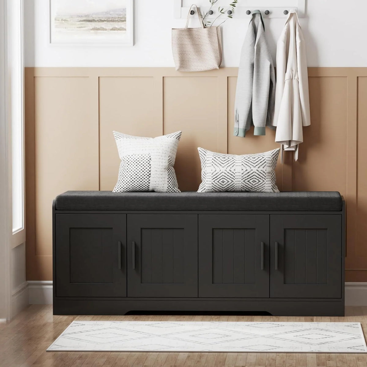 2-Tier Storage Bench, Shoe Bench with Thickened Padded Seat Cushion, Entryway Bench with 4 Doors, Adjustable Shelf