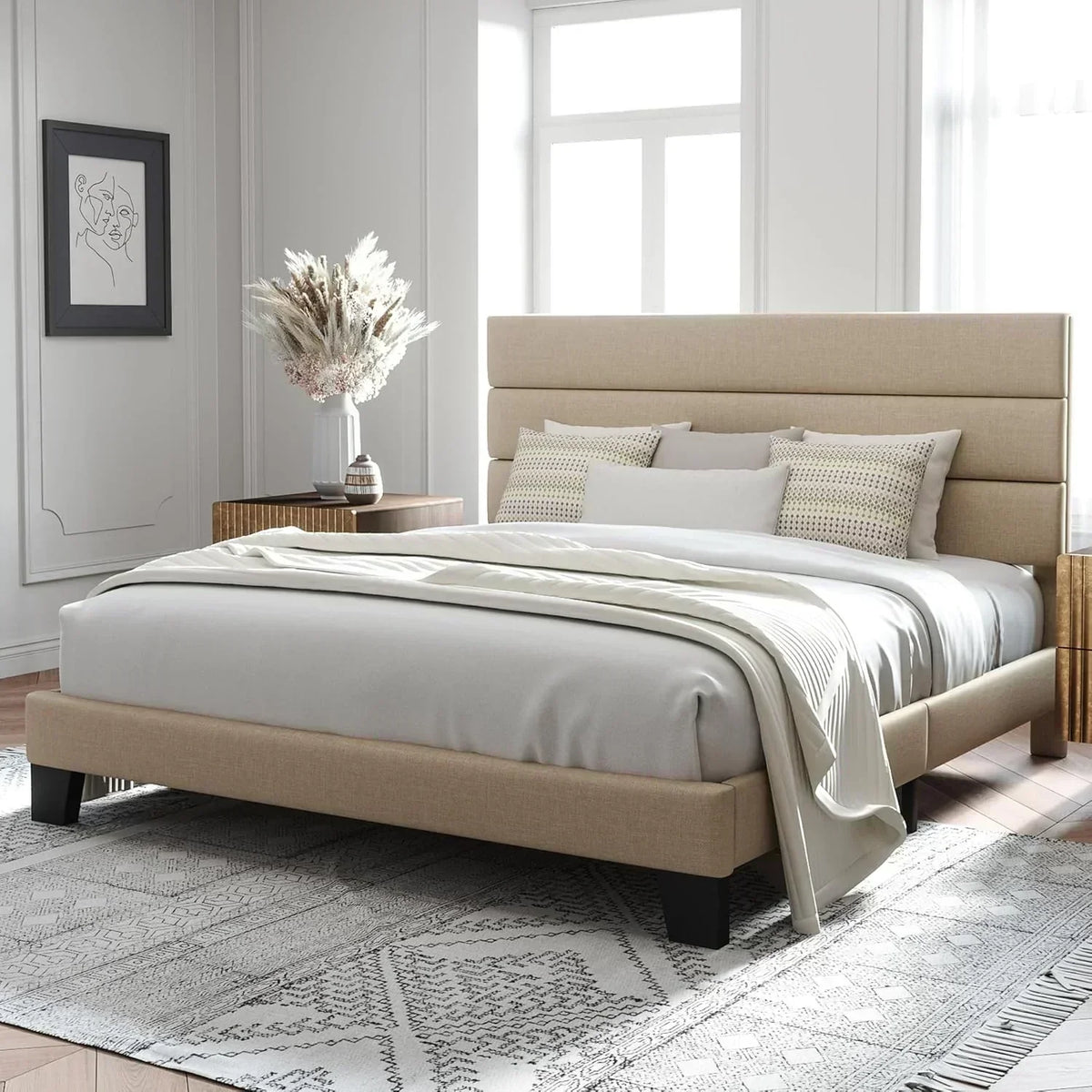 Allewie King size platform bed frame with velvet upholstered headboard and planks