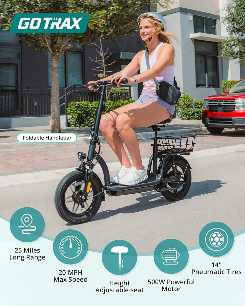 Gotrax adult electric scooter with seat maximum range of 19-25 miles all-terrain tires wide pedals