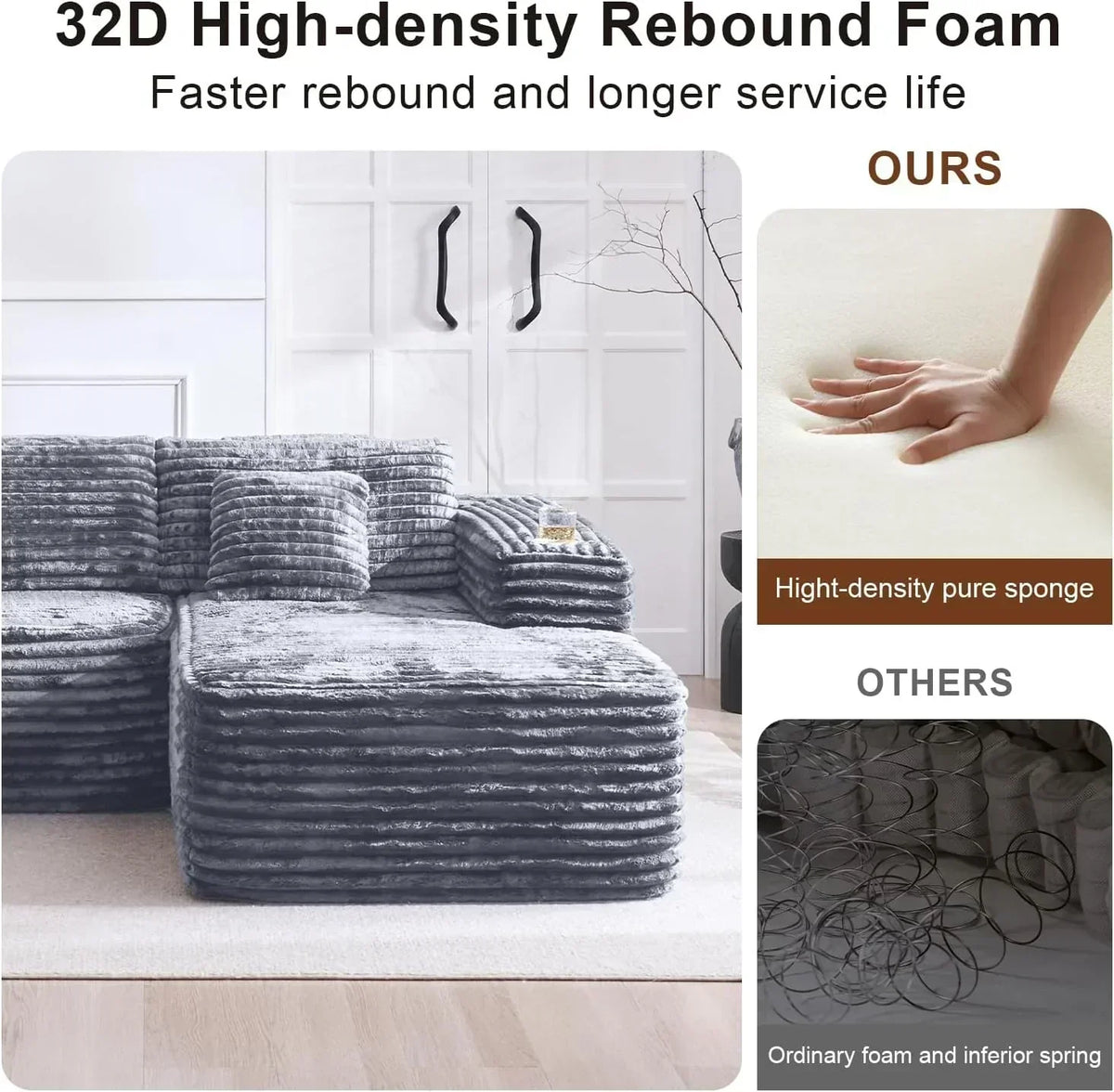 Cloud Sectional Couch with L Shape Chaise Modern Modular Sofa with Deep Seat Built in Cup Holder