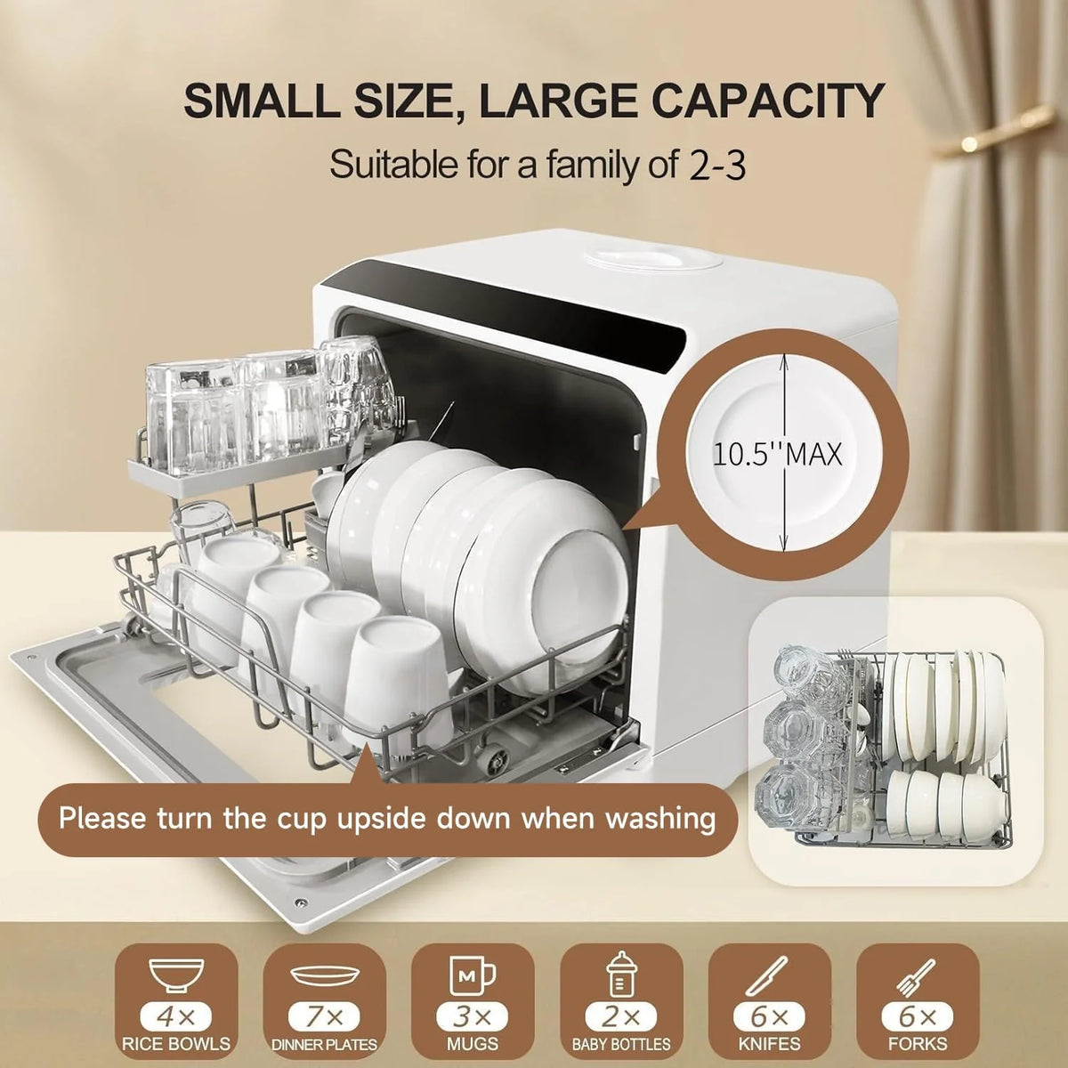 Mini countertop dishwasher. Compact dishwasher with drying function. Double spray arms. Portable countertop dishwasher