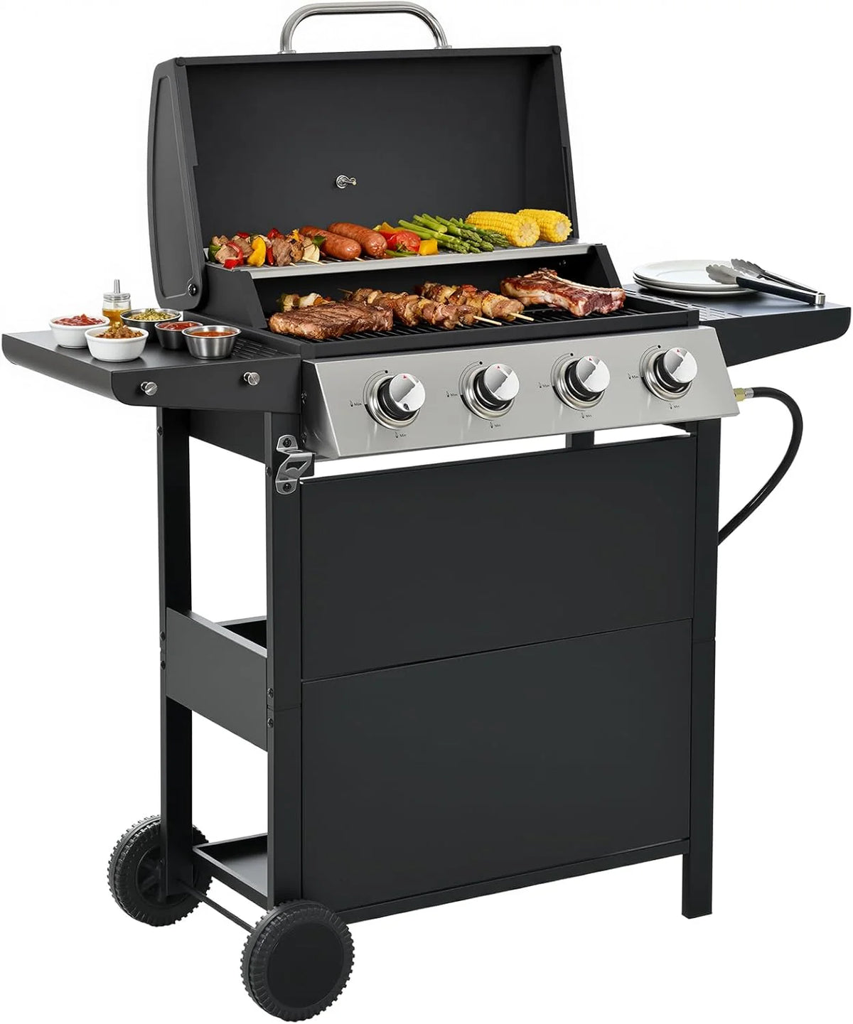 4-Burner Propane Gas BBQ Grill with Side Burner 46500 BTU Output Stainless Steel Barbecue Grill