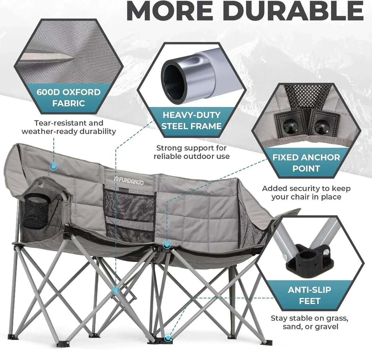 Double Camping Chair Cooler 3-Person Folding Extra Large Camping Chair 1000-Pound Capacity