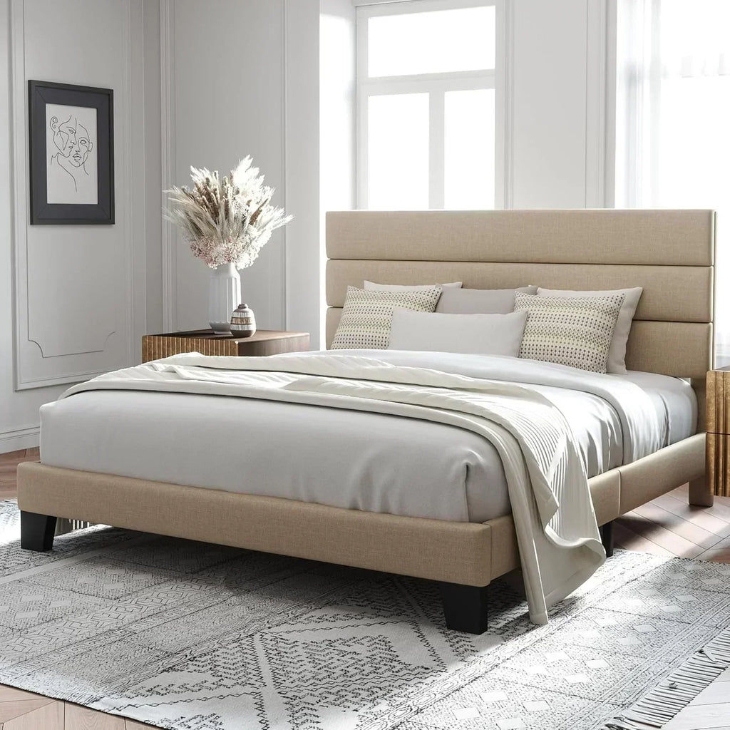 Allewie Queen Size Platform Bed Frame with Fabric Upholstered Headboard Wooden Slats Support