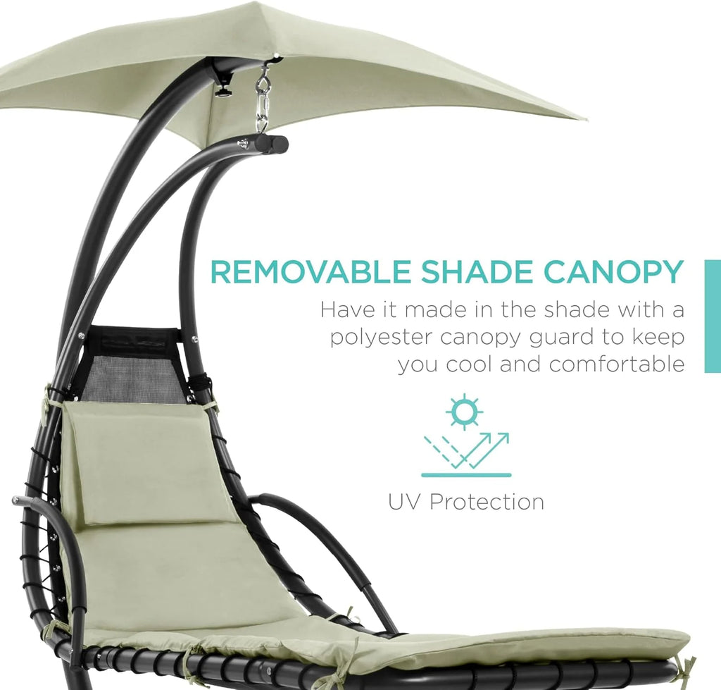 Best Choice Products Outdoor Hanging Curved Steel Chaise Lounge Chair Swing w/Built-in Pillow and Removable Canopy - Teal