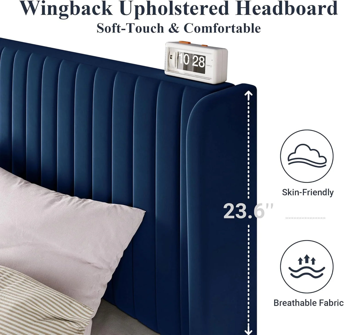 Allewie Full Size Velvet Bed Frame Vertical Channel Tufted Wingback Headboard Upholstered Bed
