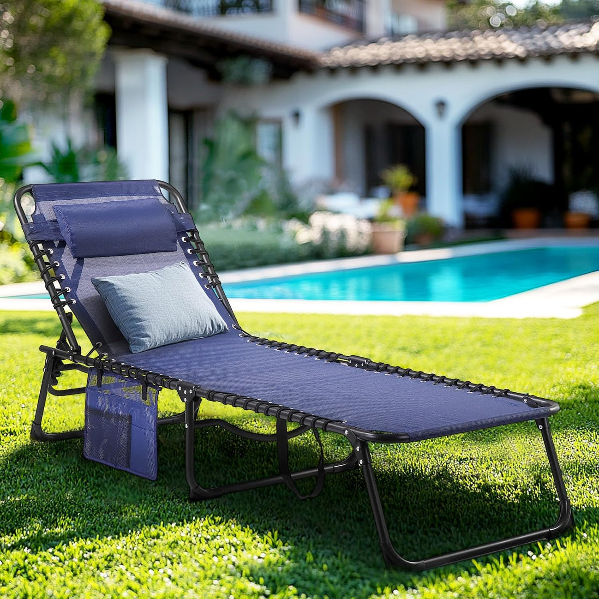 Unovivy Outdoor Chaise Lounge Chairs Set of 2, Portable Folding Pool Lounge Chair with 5-Position Reclining Back, Teslin Tanning Chair for Pool, Beach, Patio, Sunbathing