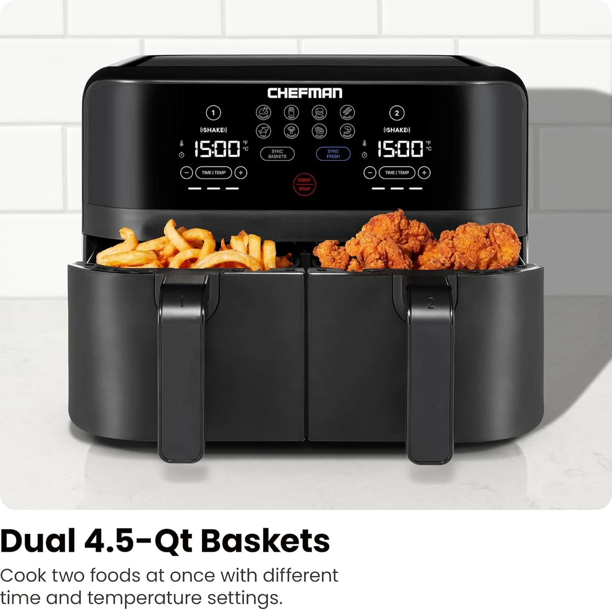 Chefman 6 Quart Dual Basket Air Fryer - Digital Touchscreen, Smart Sync Finish, Hi-Fry, Auto Shutoff, 2 Independent 3QT Nonstick Dishwasher-Safe Frying Baskets - Digital Double Air Fryer - Black
