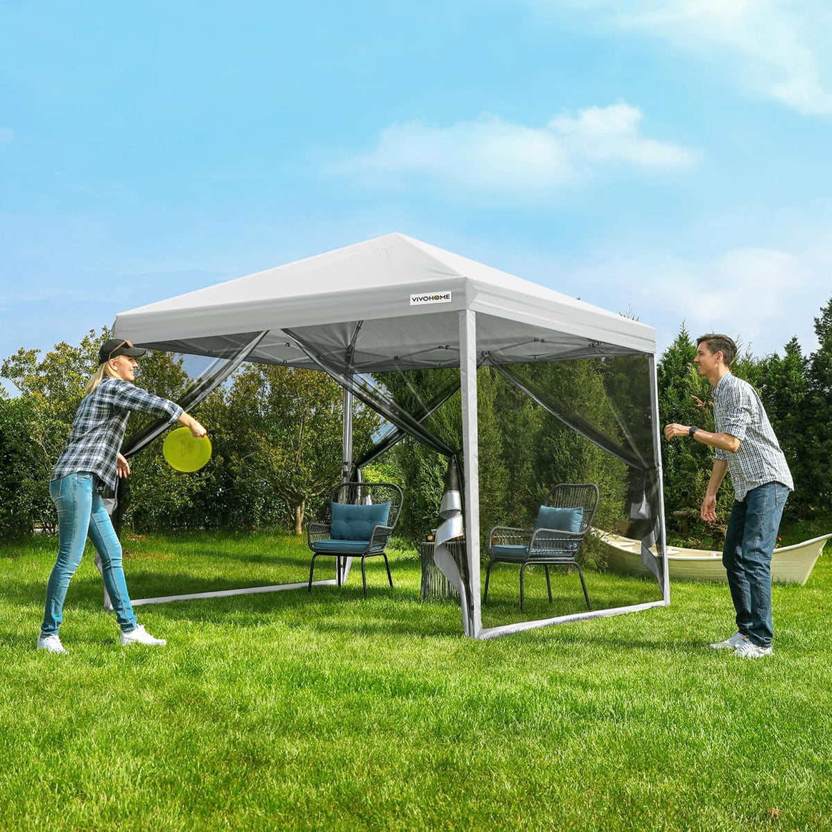 10x10ft Easy Pop-Up Canopy, Outdoor Screen Tent with Mosquito Netting, 2 Zipper Doors, and Roller Bag for Yard Camping Picnic Party Events, Beige