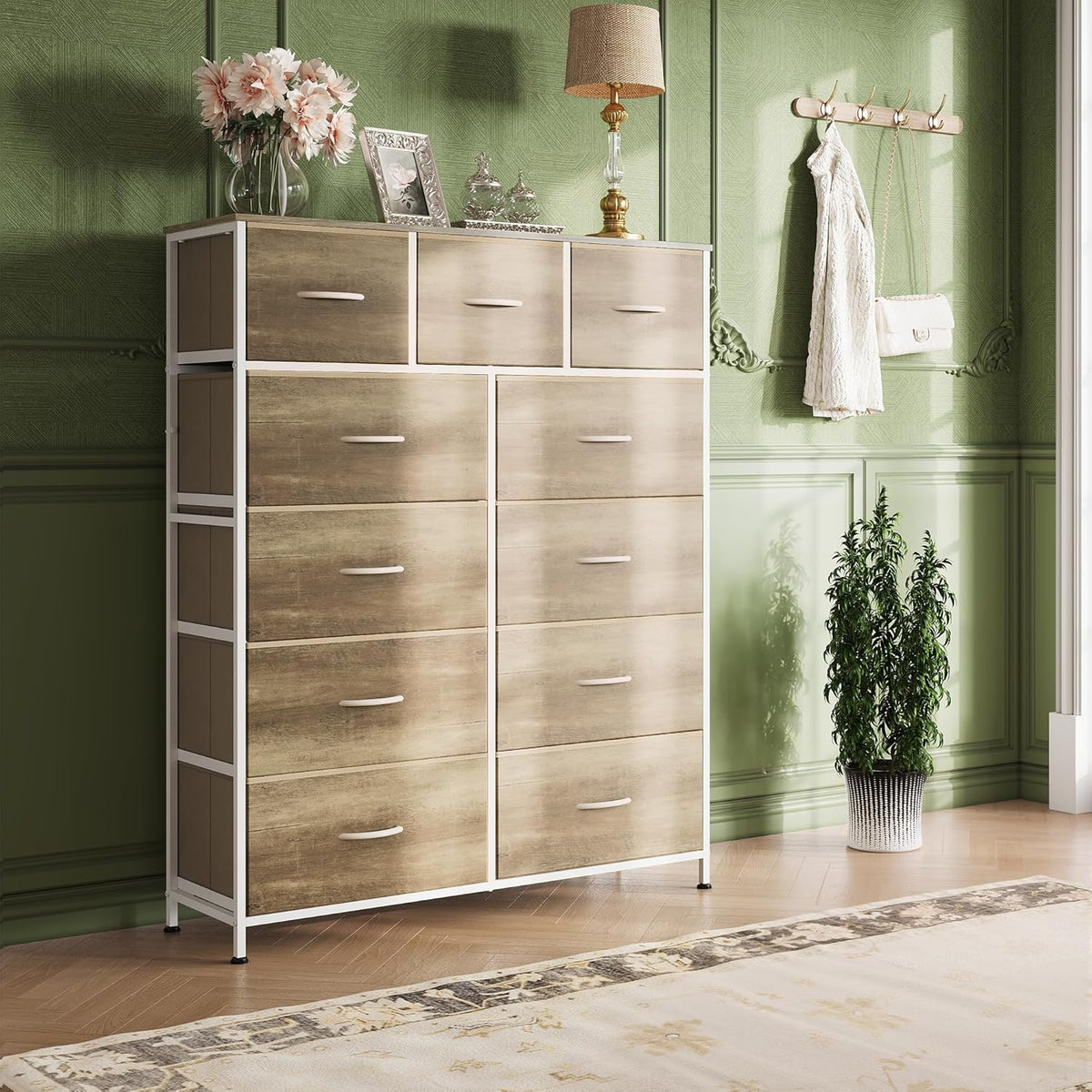Storage Organizer Unit with 11 Fabric Bins, Storage Drawers Organizer with Steel Frame, Tall Storage Tower Organizaton