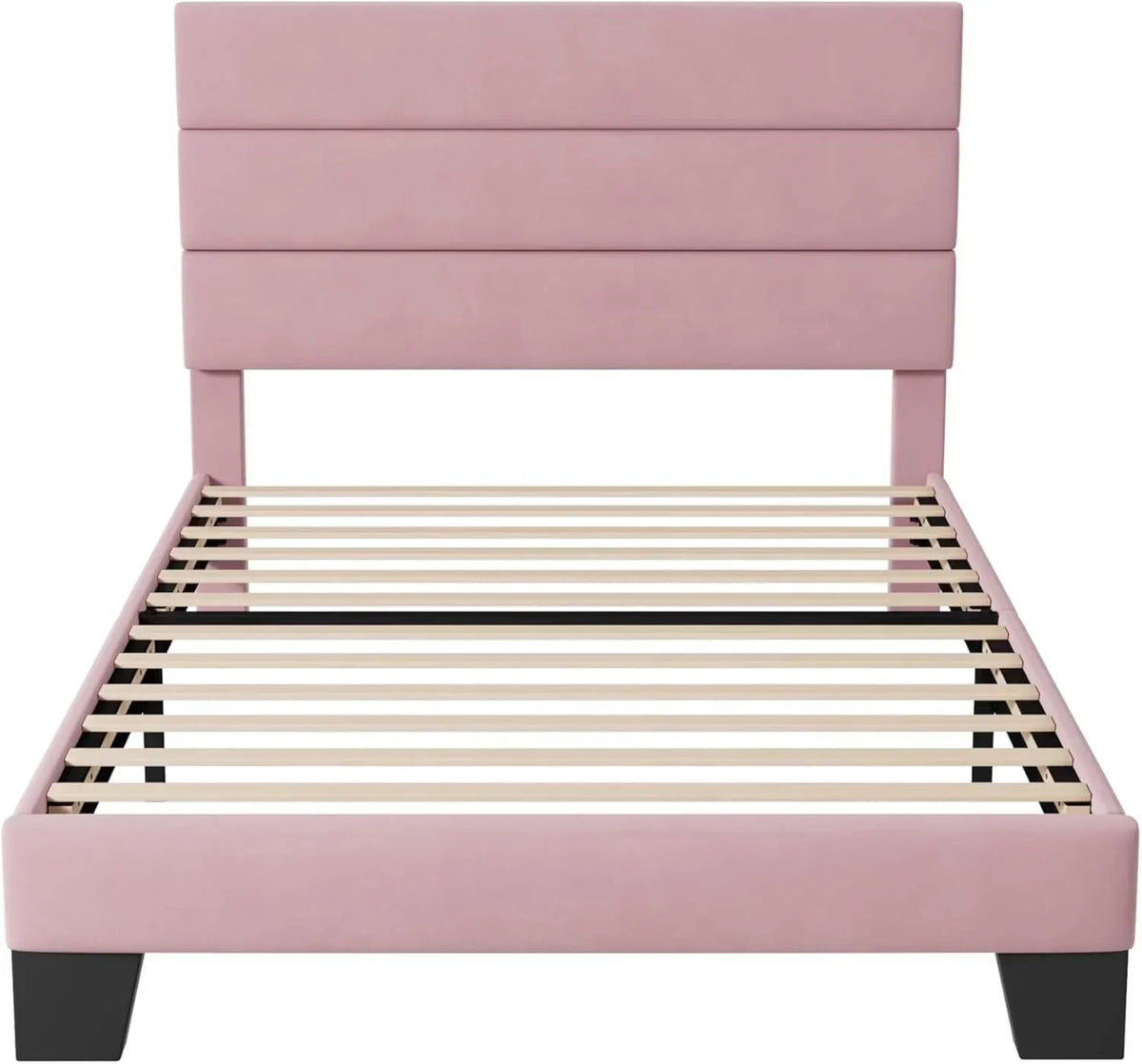 Allewie King size platform bed frame with velvet upholstered headboard and planks