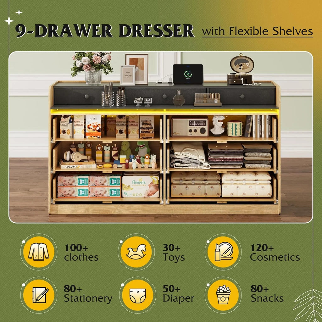 9 Drawer Led Dresser for Bedroom, 58.35'' Wide Wood Dresser Storage Organizer with Power Outlets for 65'' TV, Dressers with Open Shelves