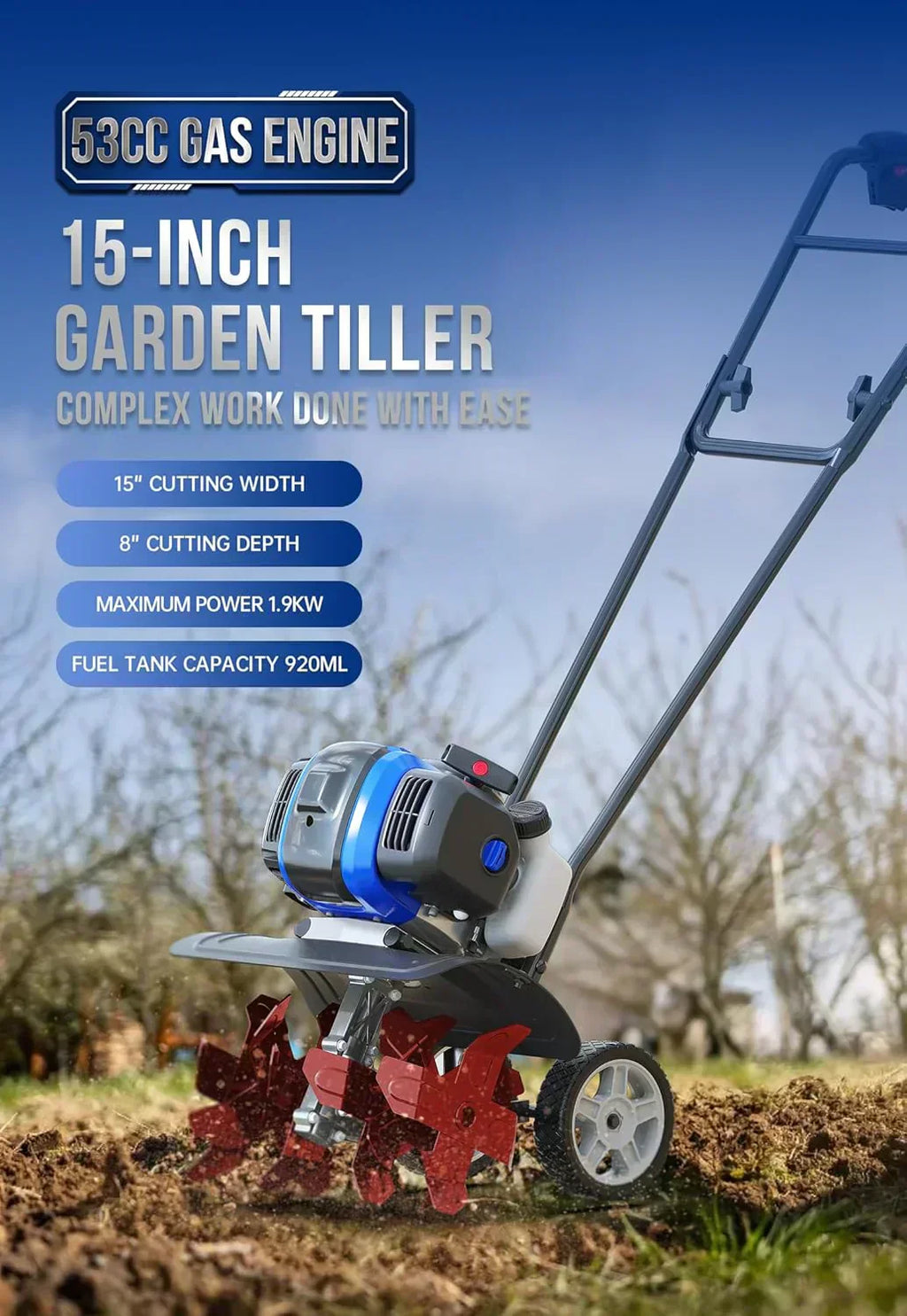 Garden Tiller 53cc Mini Cultivator 15 inch Powerful Liftable Booster Rod Tilling Tool