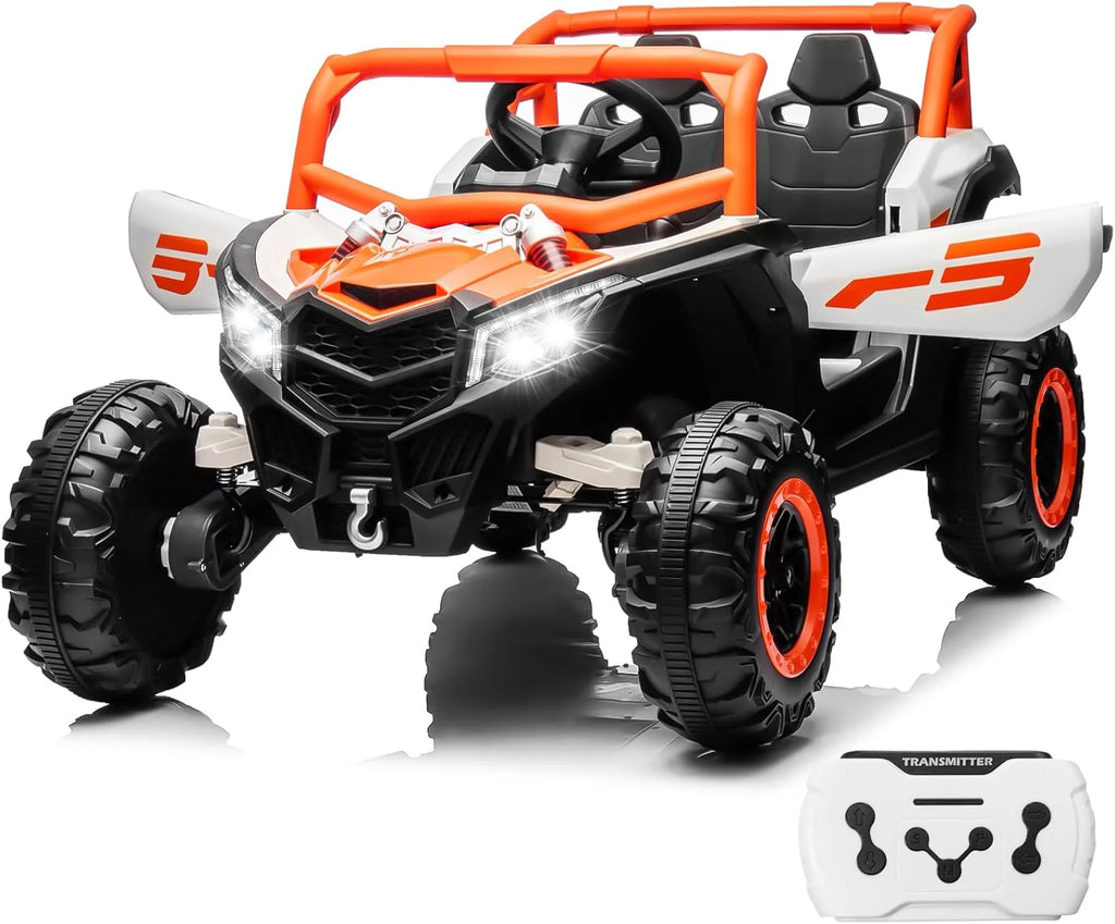 JOYRACER Kids Remote Control Car with 4 x 150W Motors, Shock Absorbers, Bluetooth, MP3 Player, and Headlights