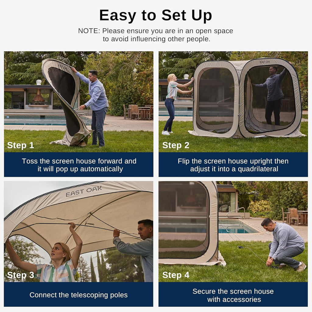 EAST OAK Screen House Tent Pop-Up, Portable Screen Room Canopy Instant Screen Tent 10 x 10 FT with Carry Bag for Patio, Backyard, Deck & Outdoor Activities, Beige