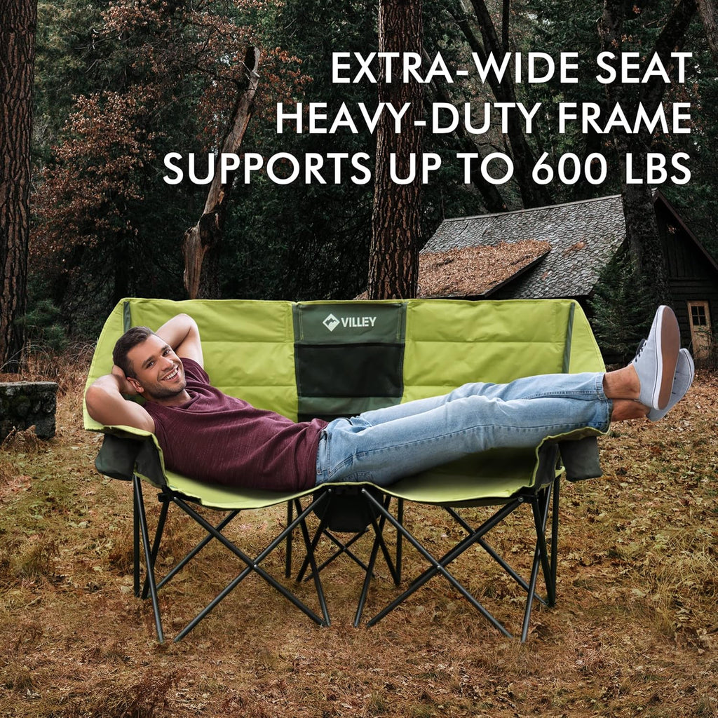 Double camping chair (with cooler bag), extra wide love seat, heavy duty padded camping sofa, portable folding chair