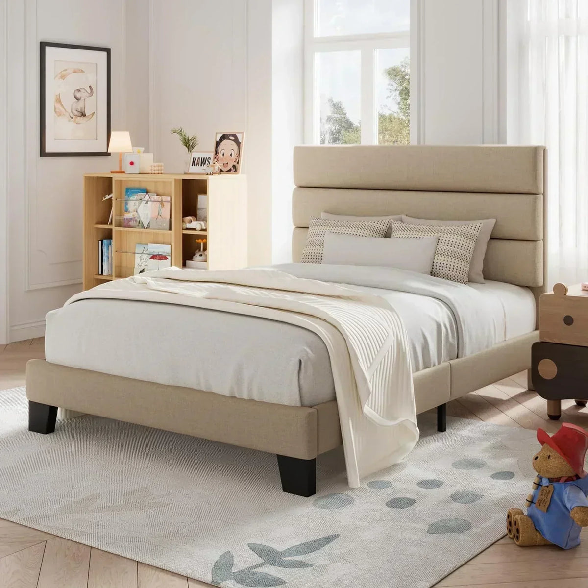 Allewie Queen Size Platform Bed Frame with Fabric Upholstered Headboard Wooden Slats Support