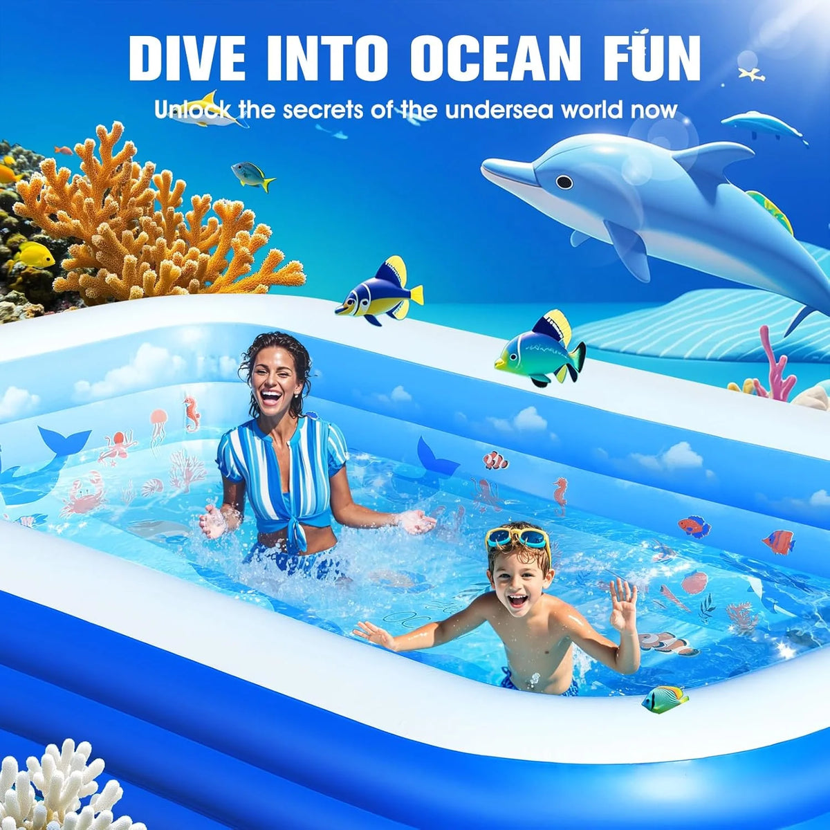 Inflatable Pool with Canopy,Upgraded Inflatable Swimming Pool for Kids,Adult,Large Inflatable Blow up Pools,Ocean Theme Oversized Thickened 105x75x25Inflatable Family Pools for Backyard-Blue