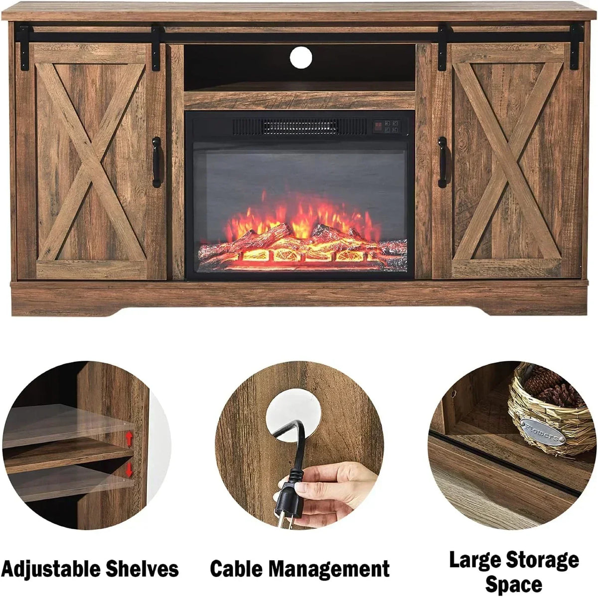 AMERLIFE Fireplace TV Stand with Sliding Barn Door  Farmhouse 63 Fireplace Entertainment Center