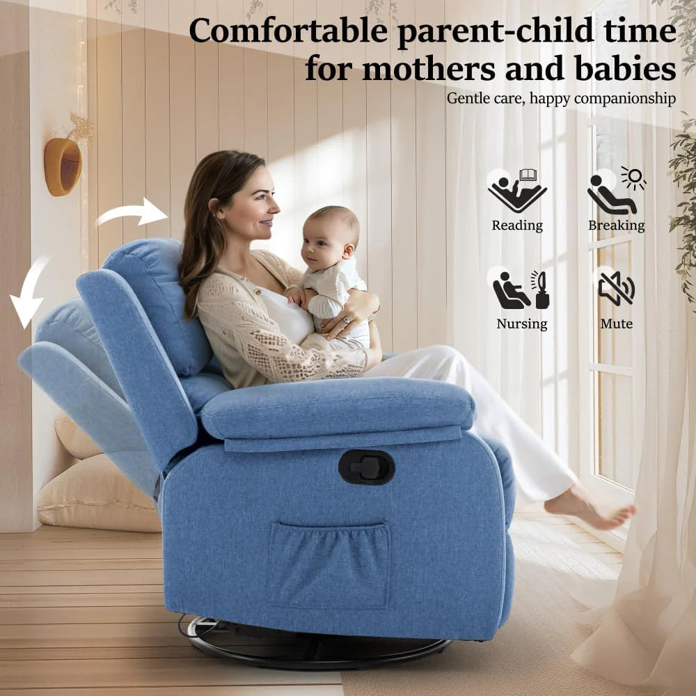 Reclining rocking chair 360 degree rotating fabric sliding reclining chair