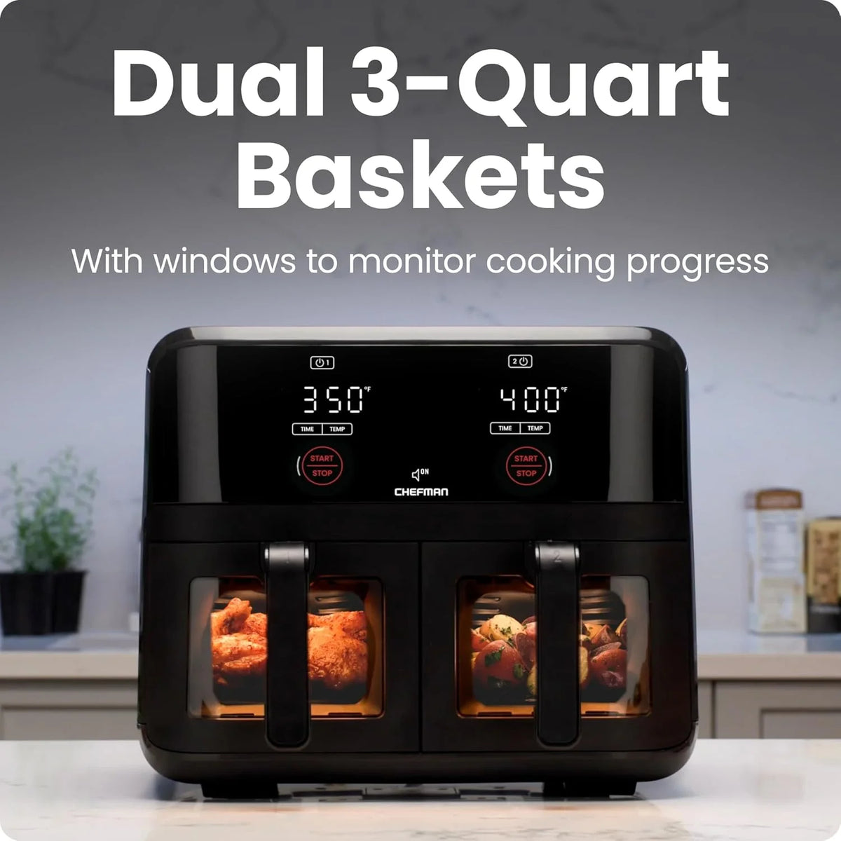 Chefman 6-Quart Double Basket Air Fryer with Easy View Window uses two separate 3-quart nonstick pans.