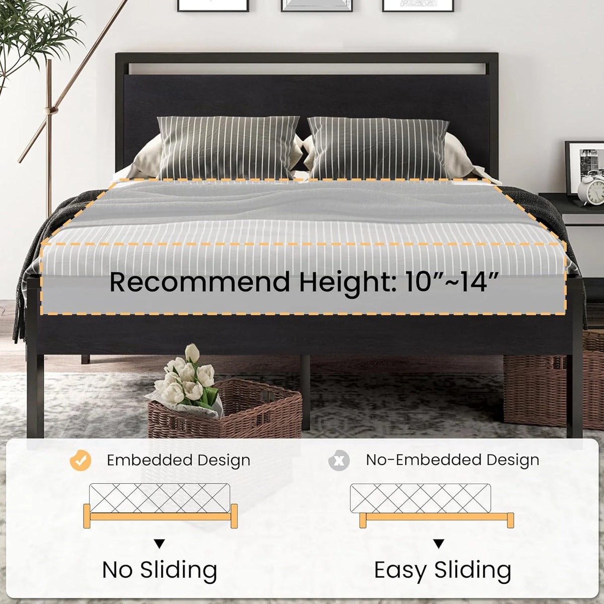 SHA CERLIN 14 Inch Queen Size Metal Platform Bed Frame with Wooden Headboard and Footboard