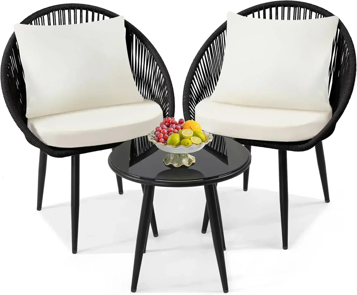 3 Piece Bistro Set Woven Rope Chair with Cushions All Weather Patio Conversation Set Side Table