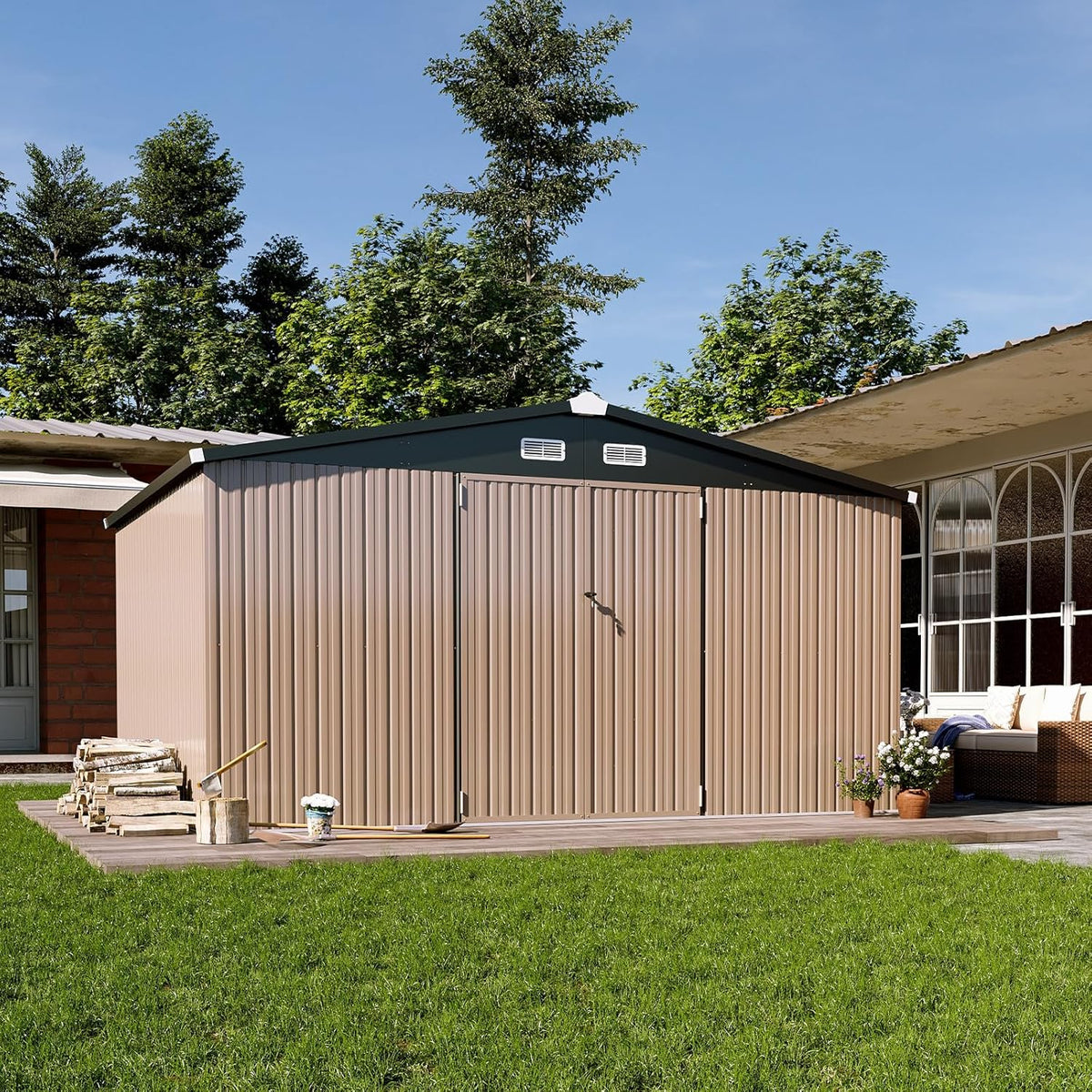 Aoxun 12x10 FT Shed Metal Outdoor Waterproof Storage Shed Steel Utility Garden Tool Shed with Door & Lock Outdoor Storage for Garden Patio Lawn Poolside, Brown