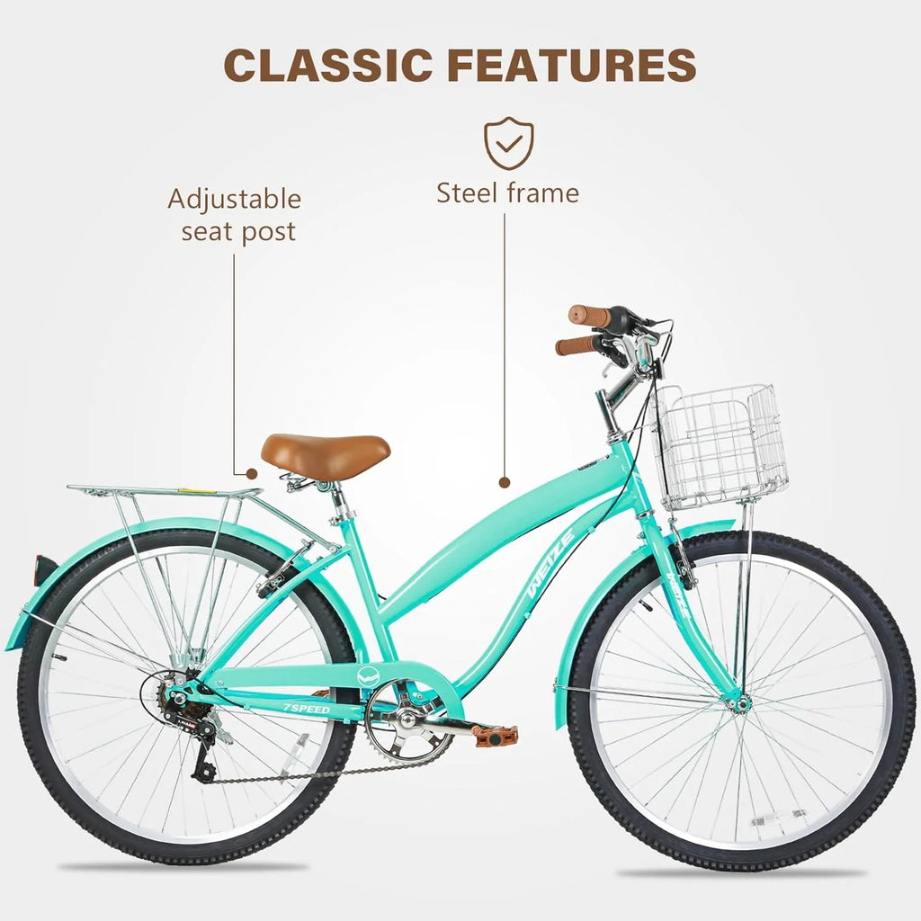 WEIZE Beach Cruiser Bike, 26 inch Commuter Bicycle for Adult Men and Women, 7-Speed/High-Carbon Steel/Front & Rear Fenders, Comfortable City Bikes with Rear Rack or Basket, Ergonomic Upright Design