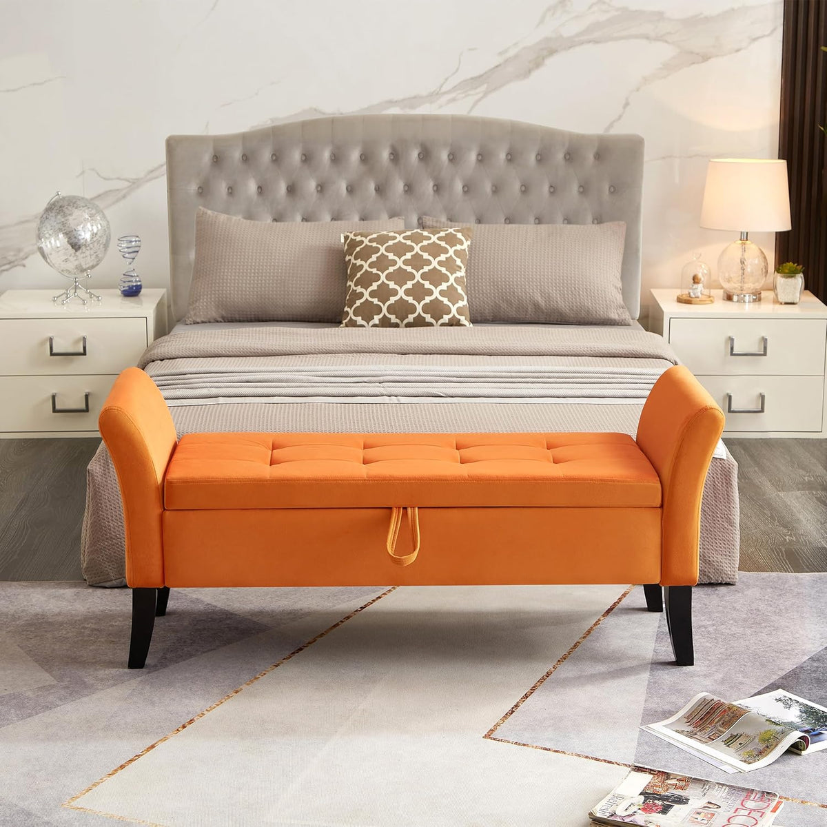 Furniliving Modern Storage Ottoman Bench, Sherpa Ottoman End of Bed Bench with Solid Wood Legs Upholstered Ottoman Benches with Storage Indoor Bench