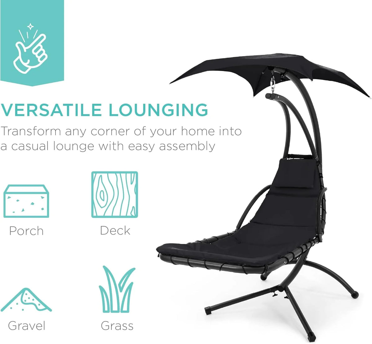 Best Choice Products Outdoor Hanging Curved Steel Chaise Lounge Chair Swing w/Built-in Pillow and Removable Canopy - Teal