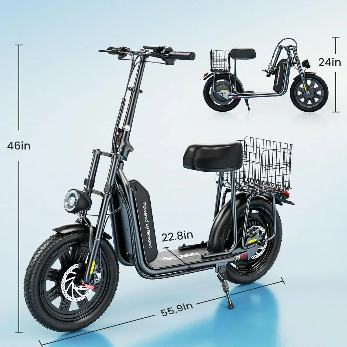 iScooter electric scooter with seat 28/19/15.6 mph top speed dual suspension scooter