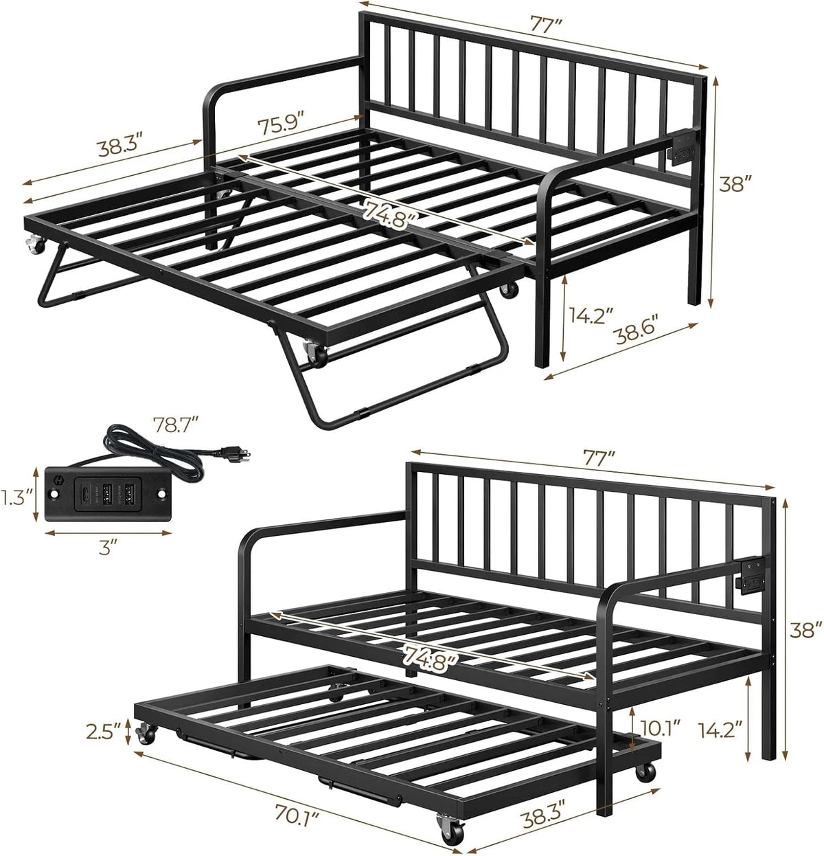 Rolanstar Daybed with Charging Station and LED Lights, Height Adjustable Twin Daybed with Trundle, Metal Sofa Bed Frame with Steel Slat Support